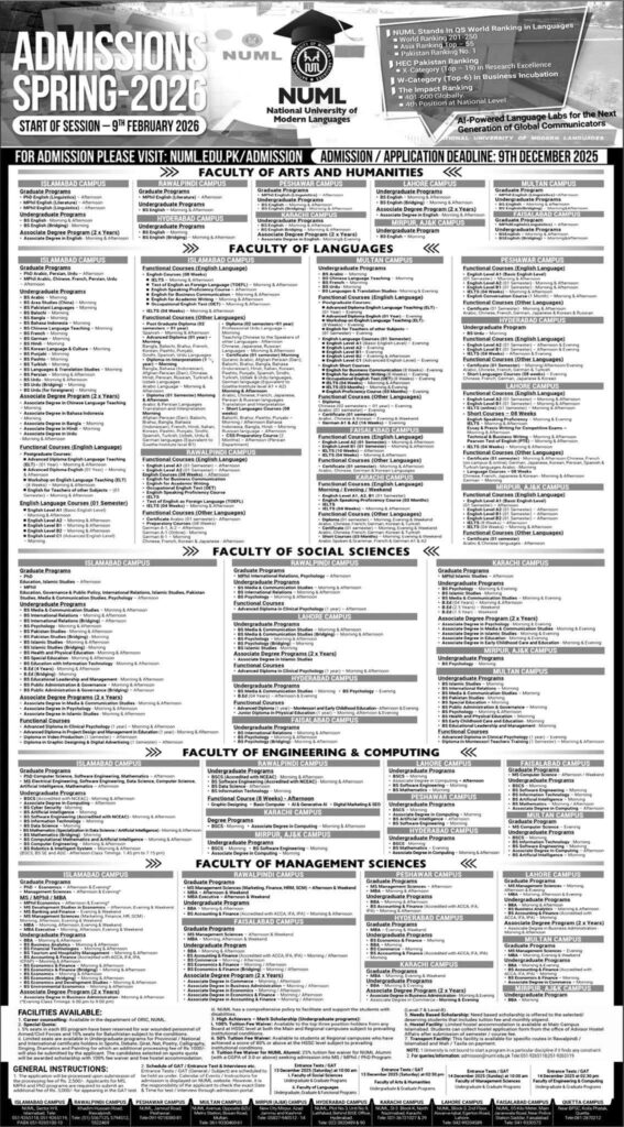 NUML University Admission Advertisement 2025