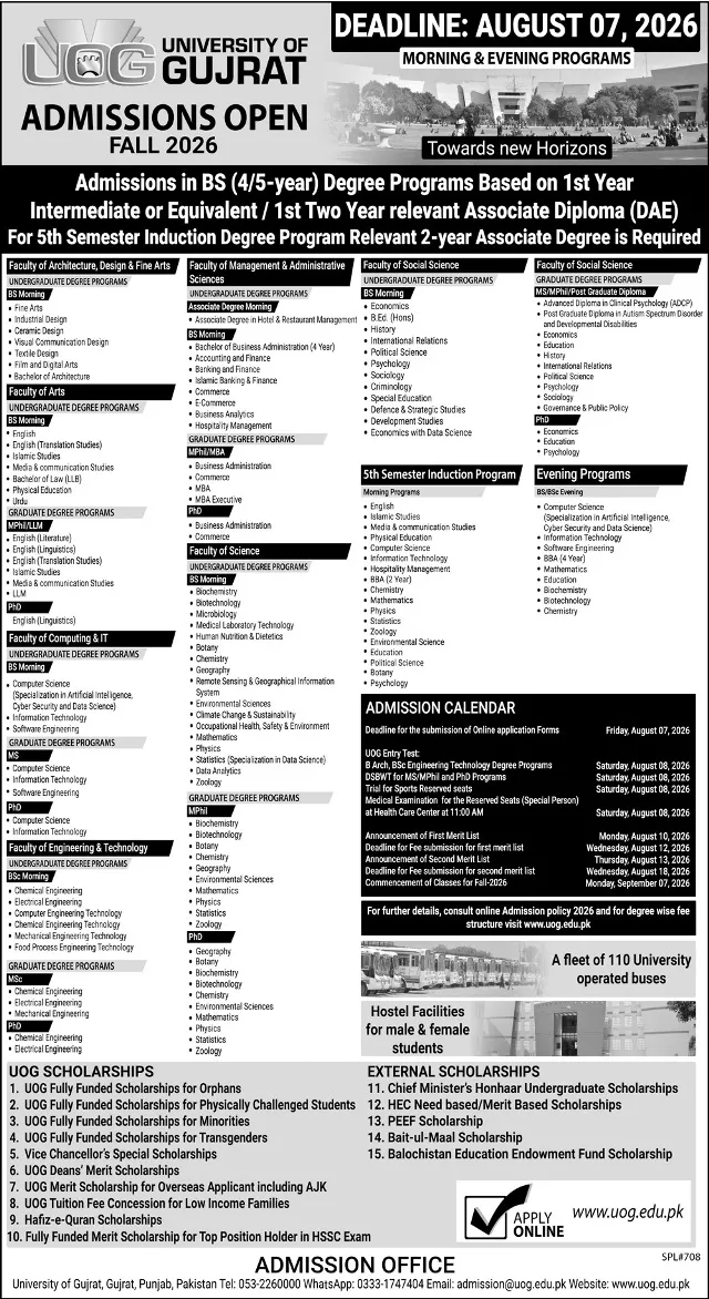 University Of Gujrat Admission 2026 1 graduate