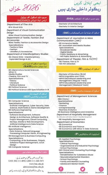 Beaconhouse National University BNU Admission 2026, Fee Structure, Contact, Address 1 Admission